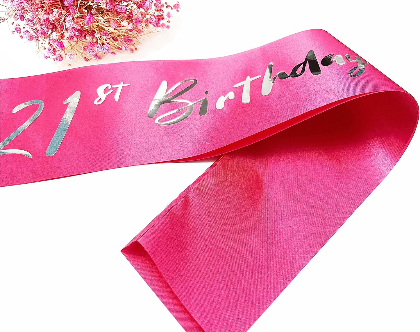 21st Birthday Sash, Hot Pink Satin Soft Sashes with Silver Foil Letter, Birthday Decorations for Girls, Happy 21st Birthday Party Favor Supplies,Pink Silver