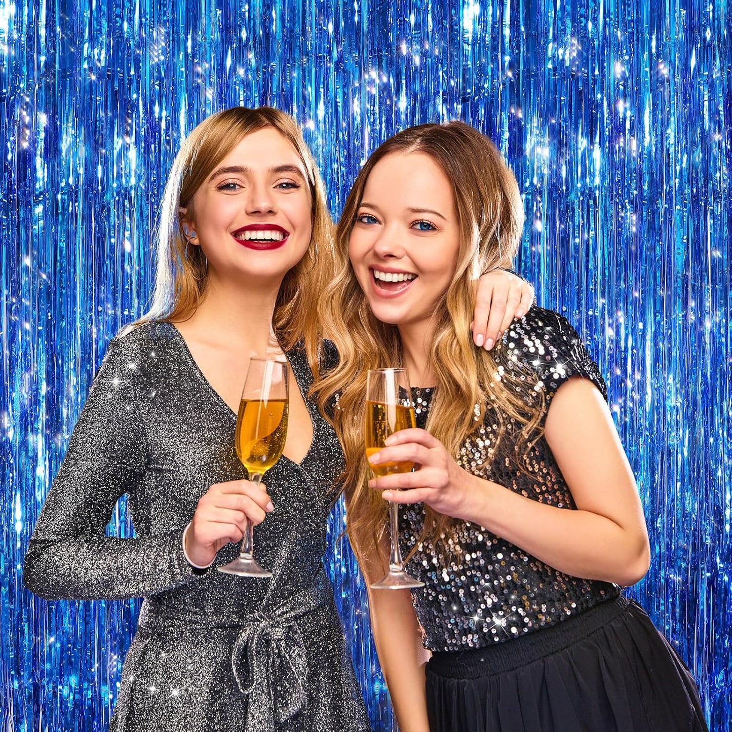 2 Pack Blue Metallic Tinsel Foil Fringe Curtains, Door Streamers Photo Booth Backdrop for Birthday Party, Tinsel Curtain Backdrop for Baby Shower Bachelorette Christmas Party Decorations
