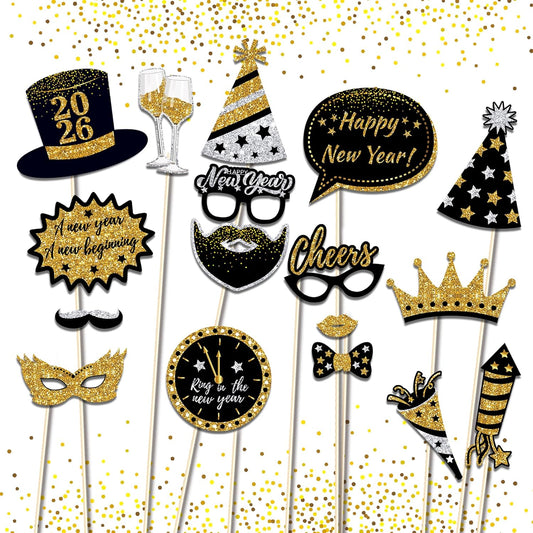 New Years Photo Booth Props 2026 – Pack of 30, Nye | Eve Party Supplies Black Gold New Year’s Eve Photo Prop 2026 Happy News Years Selfie Props Decorations for NYE Party Favor Decorations Supplies
