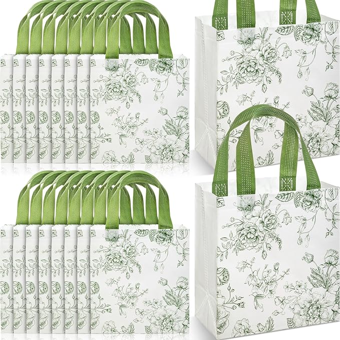 Sweetude 16 Pcs Sage Green Floral Gift Bags Floral Gift Bag with Handles Flower Party Favors Non Woven Reusable Tote for Women Wedding Birthday Baby Shower Mothers Day Party Decorations
