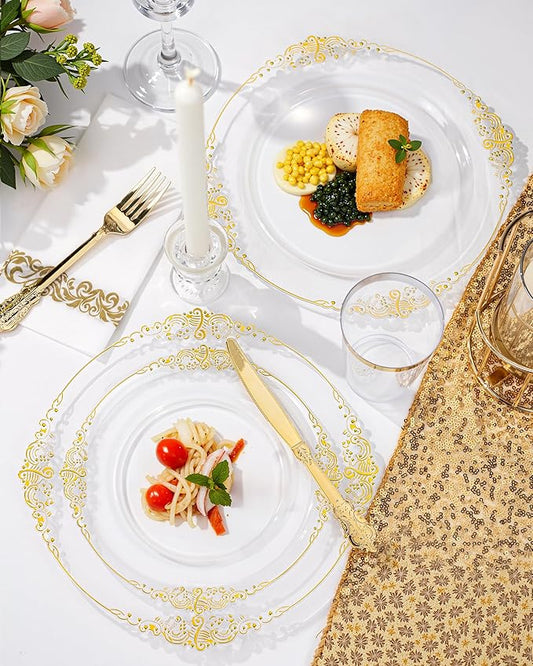 Nervure 100Pcs Clear and Gold Plastic Plates - Heavyweight Gold Disposable Plates - Plastic Plates Include 50Pcs 10.25inch Dinner Plate & 50Pcs 7.5inch Dessert Plate for Wedding & Party