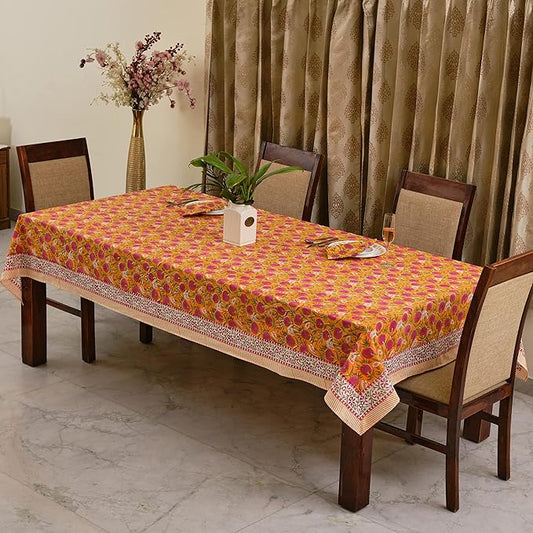 Ridhi Hand Block Print Bubblegum Pink Rectangle Cotton Tablecloth 190" x 72" Reusable Table Cover Decorative Everyday Use for Dining, Farmhouse, Home Gift for Spring, Easter, Valentine