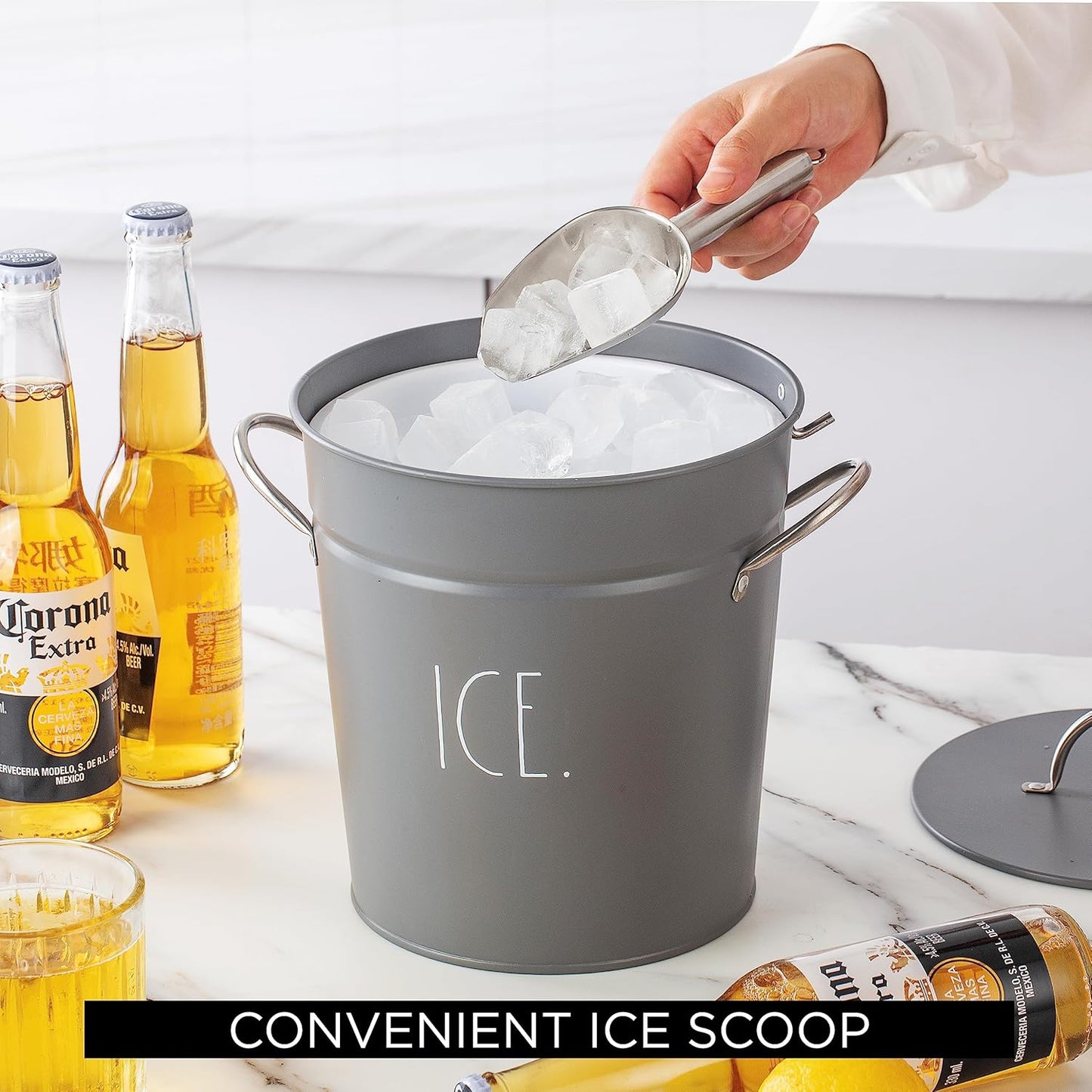 Rae Dunn Ice Bucket with Scoop - Stainless Steel Bucket with Handle, Lid and Ice Scooper - 4 Qt. Storage Bin for Ice Cubes for Bars, Parties, Backyard Barbeques, Picnics, and Camping (Grey)