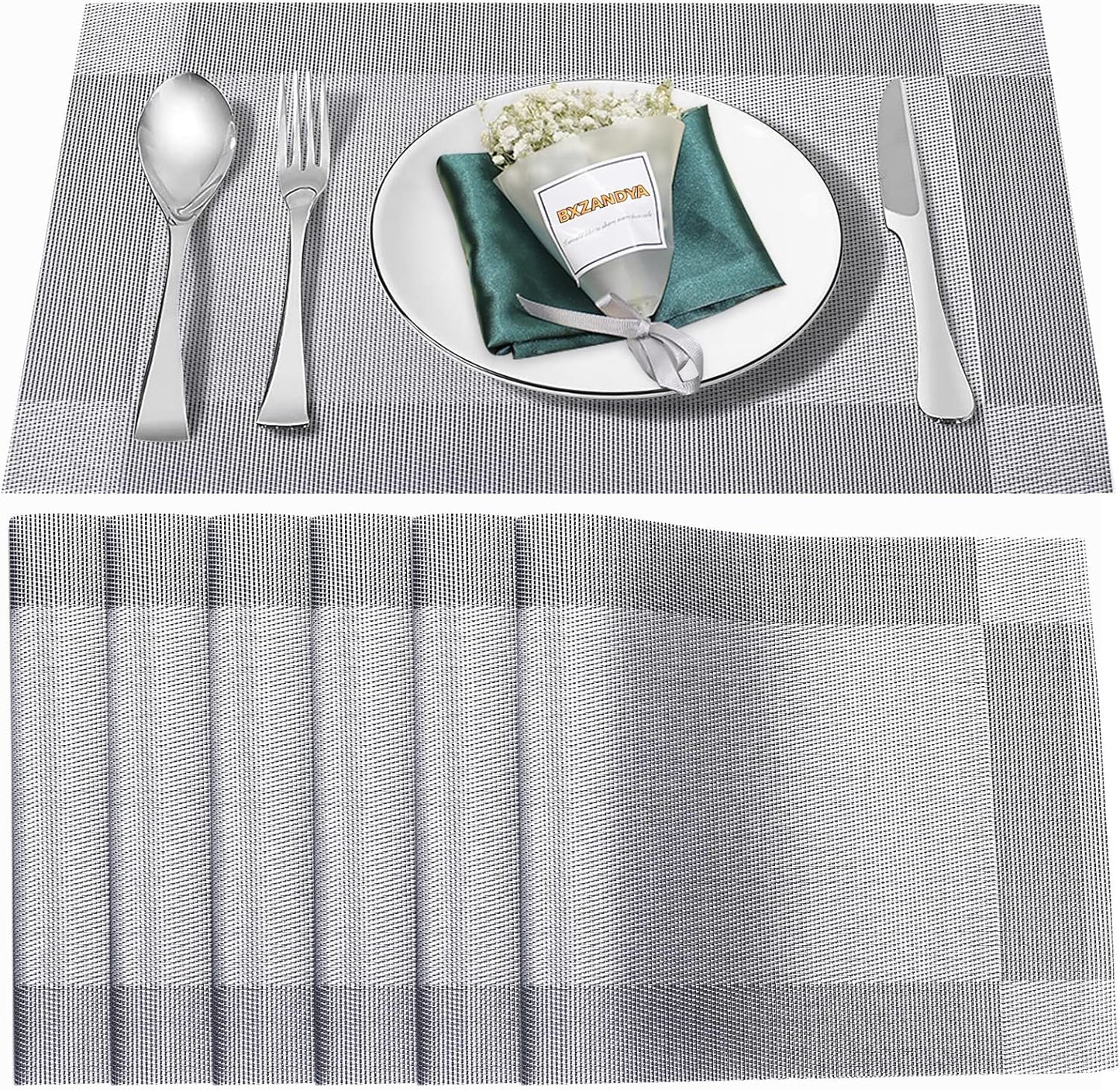 Placemats Set of 6,Washable,Heat and Stain Resistant Indoor/Outdoor Place mats,Vinyl Woven Non Slip Table Mats for Restaurant Table Protection,PVC Placemats(Silver, 6PCS)