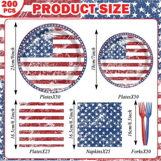 America's 50 Guests Patriotic Party Set: Flag Decorations, Plates & Napkins - 4th July, Memorial Day, Election Day Pack of 200PCS