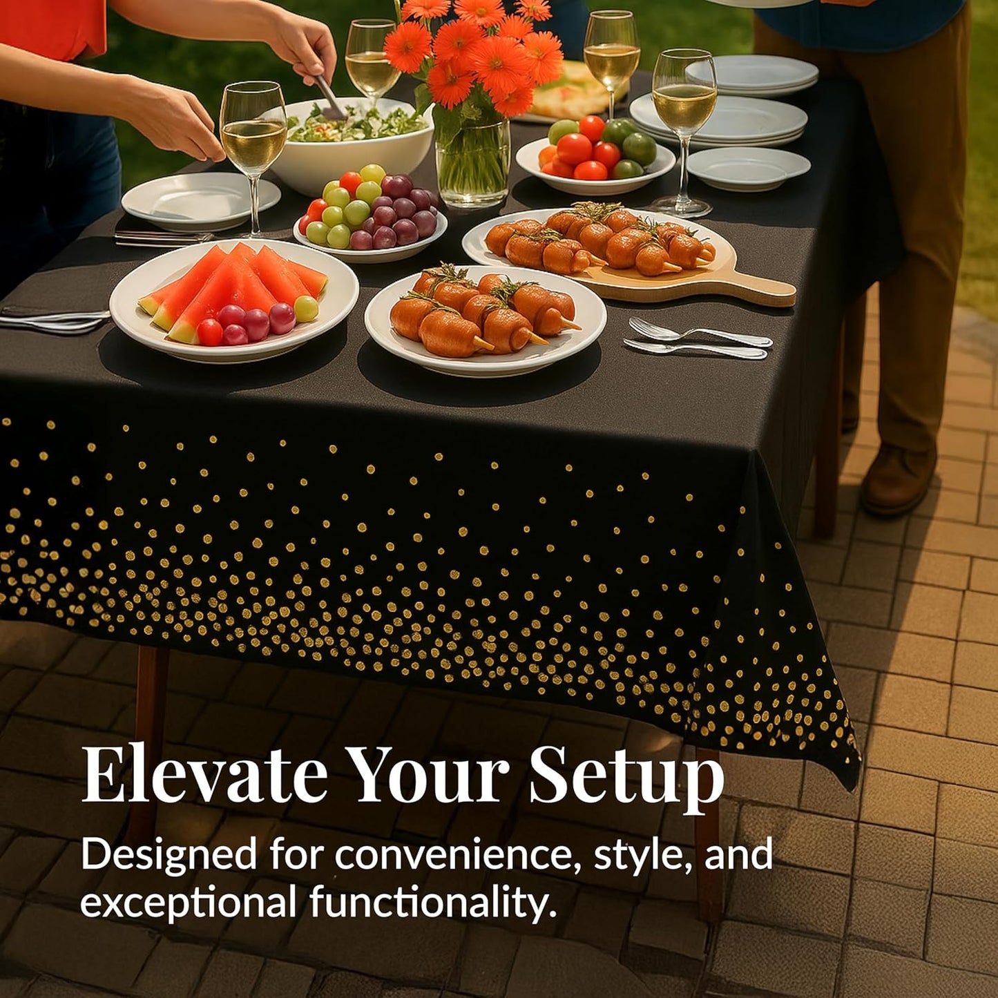 Prestee Gold and Black Table Cloth for Events - Pack of 4, 54 x 108 Inches - Disposable Table Cover, Ideal Black Tablecloths for Party Decorations, Dining, and Holiday Celebrations