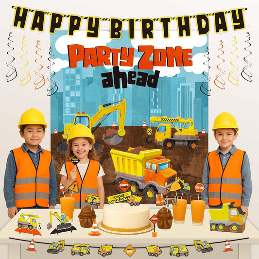 29-Piece Construction Party Decoration Kit – Banners, Scene Setters, Centerpieces and Photo Props with Trucks, Cones and Signs for Birthday Parties, Team Gatherings and Celebrations