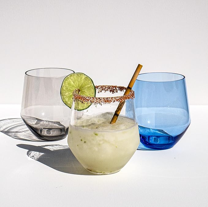 by TarHong Angle Stemless Wine/Tumbler Acrylic Drinkware, Set of 6, Blue, 18 oz.
