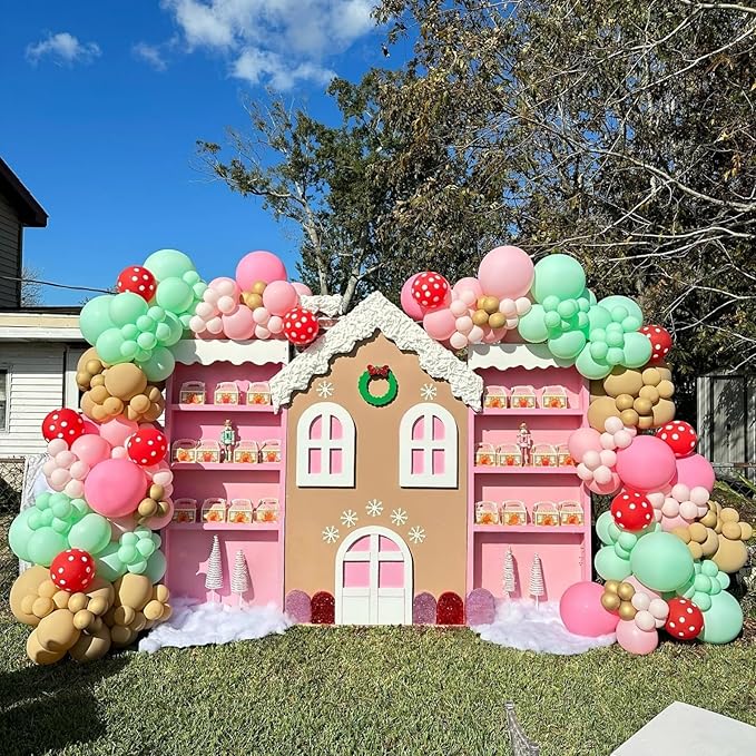 Christmas Balloon Arch Kit Gingerbread Balloon Garland Pastel Green Pink Red Snowflake Balloons Reindeer Peppermint Candy Cane Foil Balloons for Gingerbread Nutcracker Baby Shower Birthday Party Decor