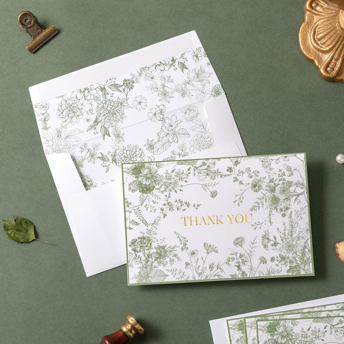 Crisky Green Floral Thank you cards Gold Foil Greeting Notes Bulk with Envelopes(25 Pack) for Birthday, Baby Shower, Bridal Shower, Wedding, Graduation