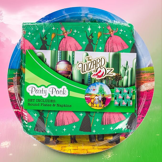 Silver Buffalo The Wizard of Oz Emerald City Featuring Dorthy, Lion, Tin Man, Scarecrow, Wicked Witch of the West Elphaba, and Glinda 32 Pack Partyware Disposable Paper Plates and Napkins