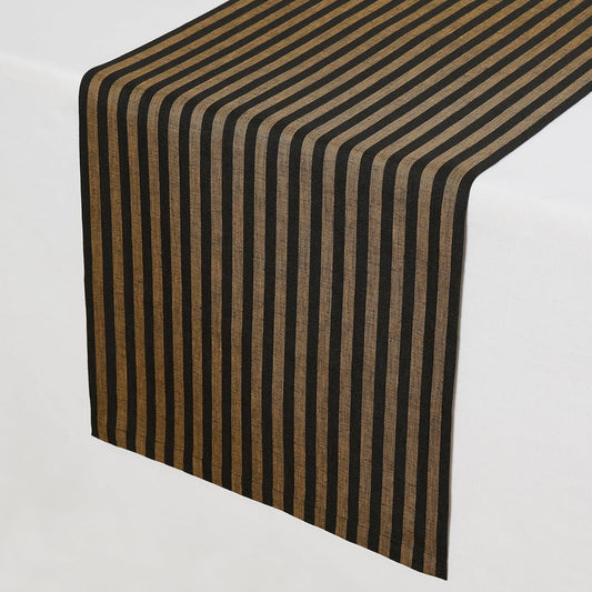 Solino Home Table Runner 120 Inches Long - Amalfi Stripe, 100% Pure Linen Brown Sugar and Black Table Runner 14 x 120 Inch for Dining, Fall, Autumn, Thanksgiving