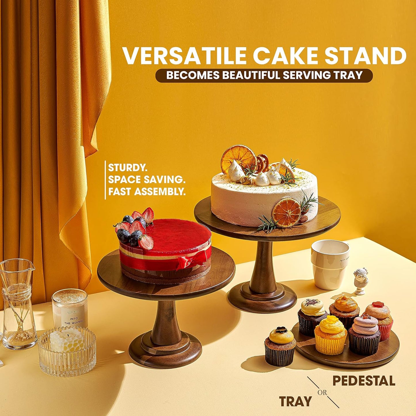 Set of 3 Acacia Wood Cake Stand Set – Wooden Rustic Farmhouse Cupcake Stand - Wedding and Birthday Decorating Cake Pedestal Stand - Dessert Display Serving Use at Parties, Restaurants, Birthday