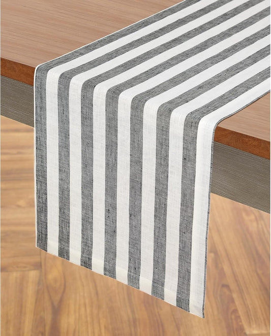 Solino Home Linen Striped Table Runner 120 Inches Long - Sorrento Stripe 100% Pure Linen Black and White Dining Table Runner 14 x 120 Inch for Fall, Autumn