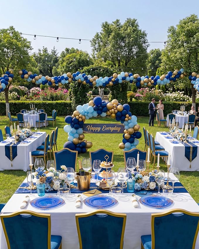 Nervure 350PCS CLear Blue Plastic Plates - Blue Gold Plastic Dinnerware Sets for 50 Guests - 100 Disposable Plates, 150 Silverware, 50 Cups, 50 Napkins for Wedding & Party