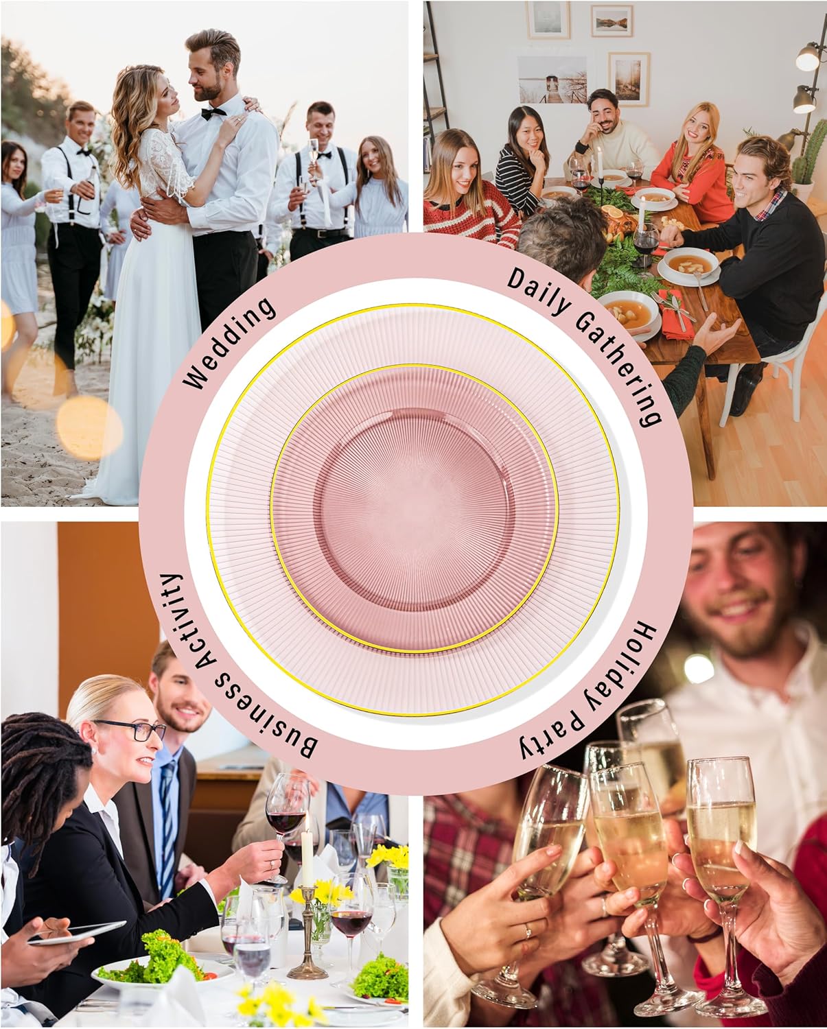 Hioasis 60pcs Burgundy and Gold Plastic Plates - Burgundy Disposable Dinnerware Set, 30pcs Dinner 10.25in & 30pcs Dessert 7.5in Plates with Striped Designs for Party & Wedding