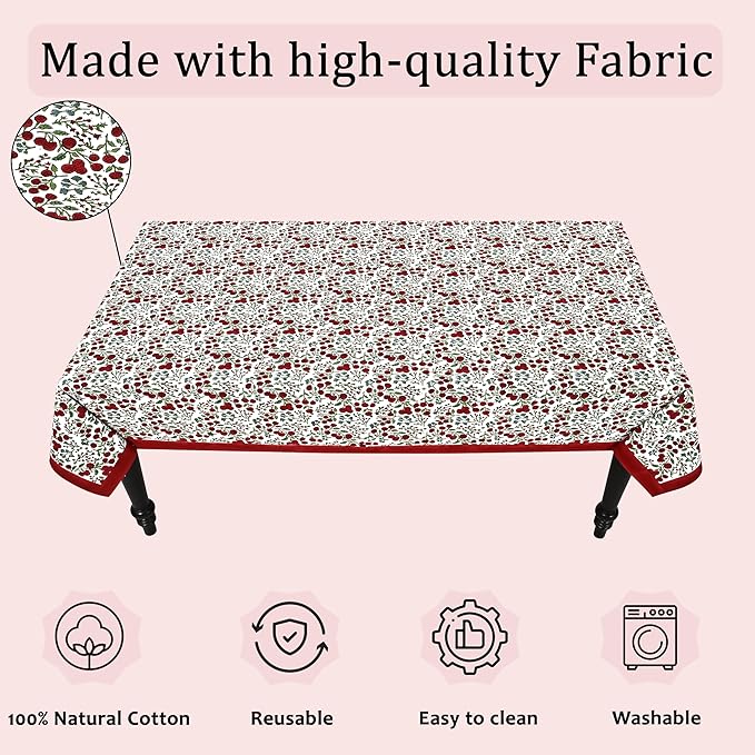 Ridhi Hand Block Print Garnet Red Rectangle Cotton Tablecloth 108" x 70" Reusable Table Cover Decorative Everyday Use for Dining, Farmhouse, Home Gift for Spring, Easter, Valentine