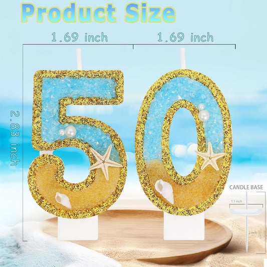 Ocean Number 50 Candle, Glitter Gold Beach Starfish Cake Topper, Tropical Ocean Princess Birthday Decorations for Party Supplies Wedding Anniversaries
