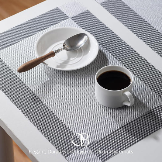 Placemats Set of 12 - Easy Clean Woven Vinyl Placemats for Dining Table, Indoor/Outdoor Place Mats, Washable PVC Table Mats (Silver Cube)