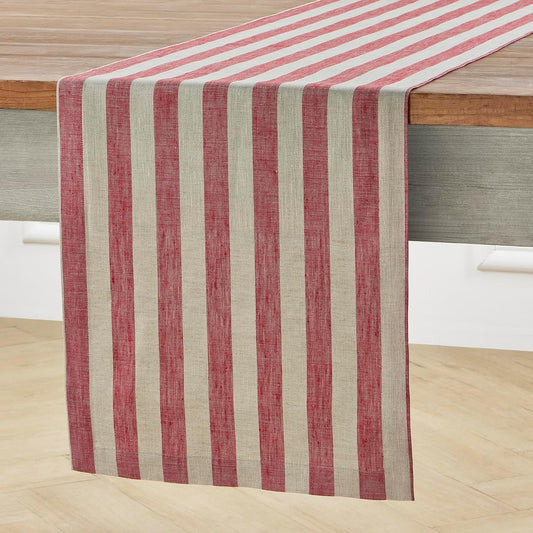 Solino Home Linen Striped Table Runner 108 Inches Long - Sorrento Stripe 100% Pure Linen Red and Natural Dining Table Runner 14 x 108 Inch for Fall, Autumn, Thanksgiving, Christmas