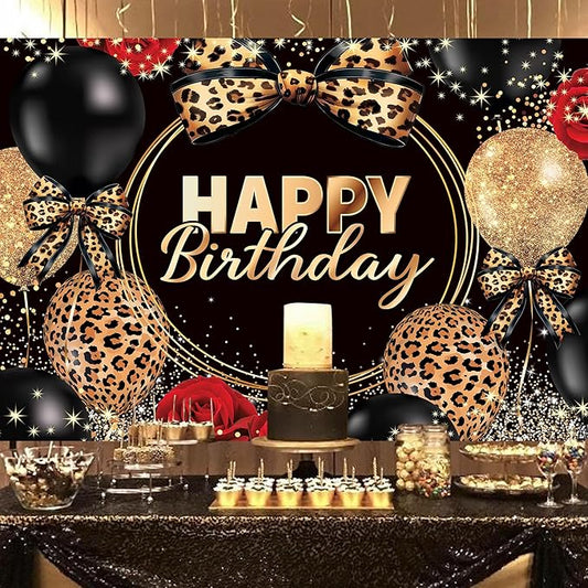 Homewelle Leopard Print Bow Happy Birthday Backdrop 8Wx6H Feet Polyester Fabric Black Gold Red Rose Cheetah Print Bownot Decoration Balloon for Women Girl Photography Background Photo Shoot Props