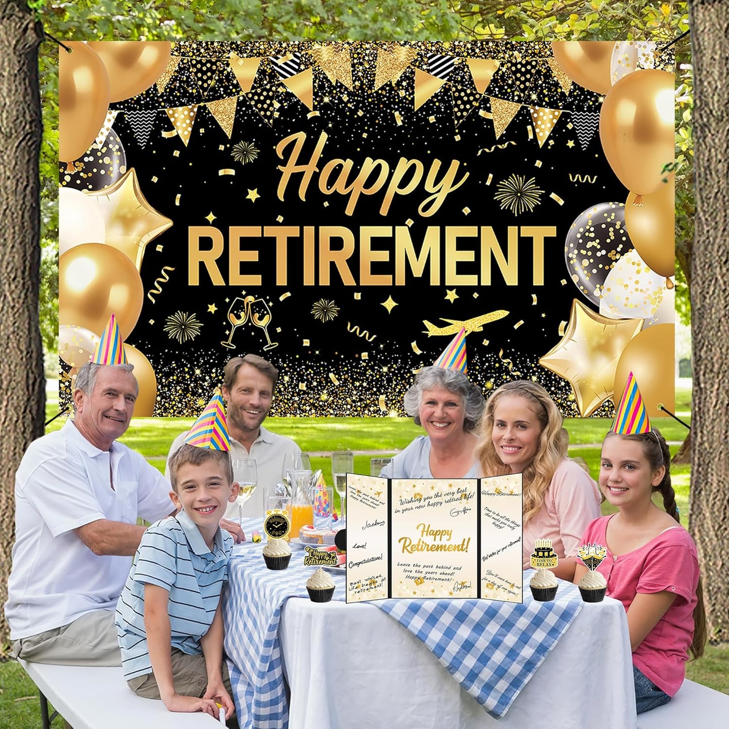 DARUNAXY Retirement Party Decorations, Black Gold Happy Retirement Banner, Officially Retired Signature Guestbook The Legend Has Retired Balloons Hanging Swirl Tissue Paper Pom Poms Supplies for Men
