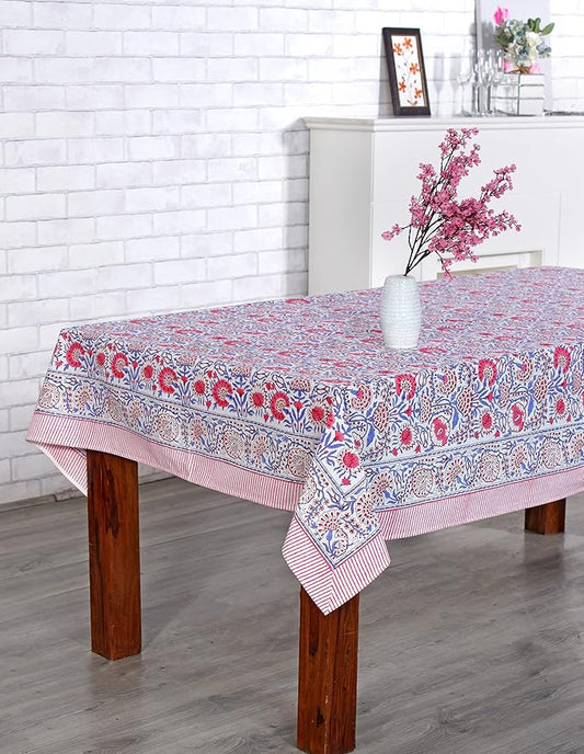 Ridhi Hand Block Print Pigeon Blue Flamingo Pink Rectangle Cotton Tablecloth 160" x 72" Reusable Table Cover Decorative Everyday Use for Dining, Farmhouse, Home Gift for Spring, Easter, Valentine