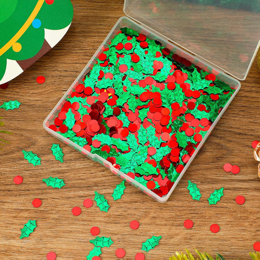 MARFOREVER Christmas Glitter Confetti, Red Green Xmas Holly Berries Confetti Christmas Metallic Foil Botanical Sequins Holly Leaves Scatter Sprinkles Table Decorations for Xmas Party Supplies