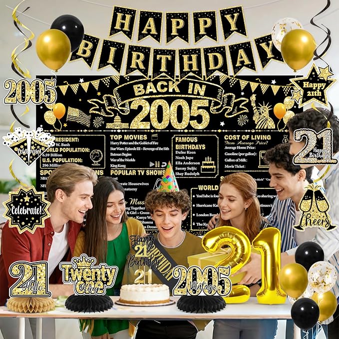 21st Birthday Decorations for Him, Black Gold Back in 2005 Party Supplies Kit with Sash, Banner, Backdrop, Balloons, Cake Topper & Honeycomb Centerpieces, 21 Year Old Birthday Party Decor Set