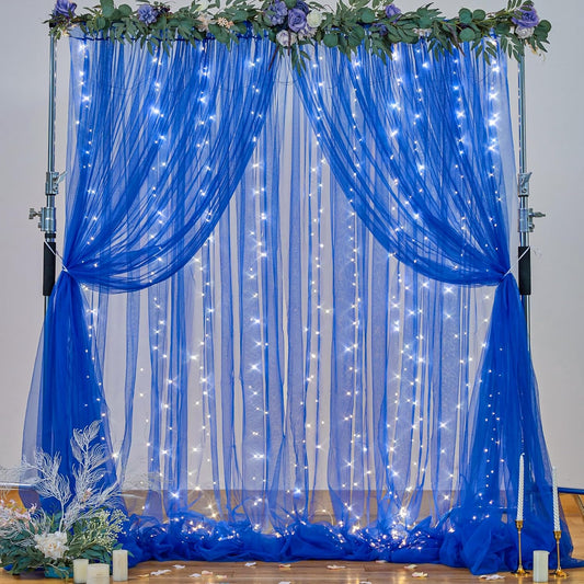 Royal Blue Backdrop Curtains with Lights String for Wedding Parties Sheer Tulle Backdrop Curtain Panels for Bridal Shower Baby Shower Birthday Photo Shoot Background Decorations 2 Panels 10×10ft