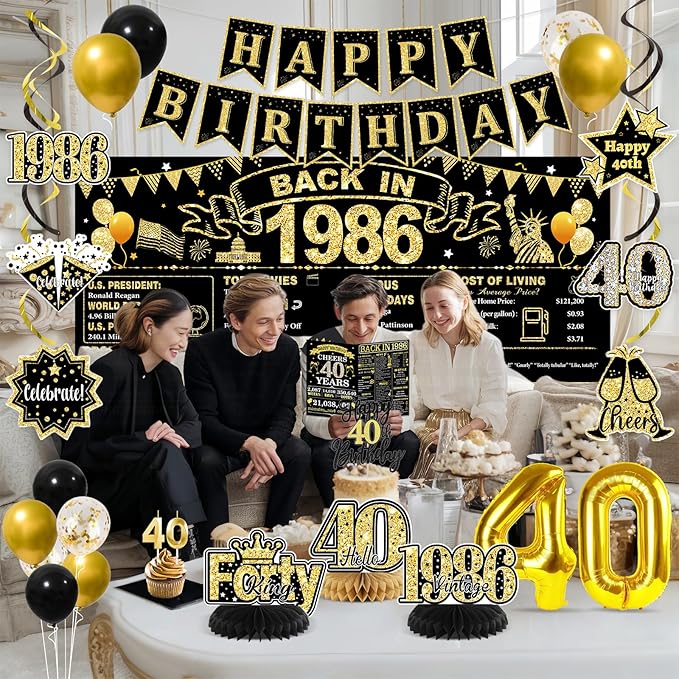 40th Birthday Decorations for Men, Black Gold Back In 1986 Party Supplies Set with Sash, Banner, Backdrop, Balloons & Cake Topper for 40 Year Old Birthday Decorations