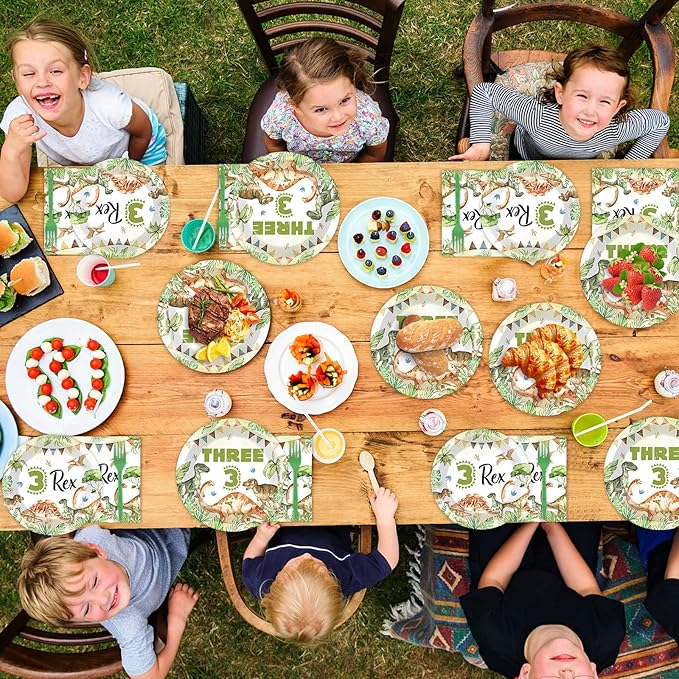 96PCS Dinosaur 3rd Birthday Party Paper Plates and Napkins and Forks Set Watercolor Dino Rex Tableware Set Three Rex Theme Dinnerware Paper Plates for Kids Birthday Gatherings Decorations