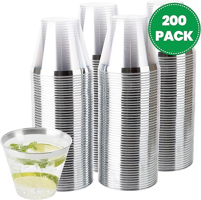 PLASTICPRO 9 oz Disposable Plastic Party Cups,Old fashioned Designed Tumblers, Crystal Clear (Clear With Silver Rim, 200)