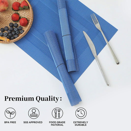 Leetaltree Blue Frame Placemats Set of 12 - Heat Resistant Non-Slip Place mats for Dining Table, Washable Durable PVC Vinyl Woven Table Mats(Blue Frame, 12)