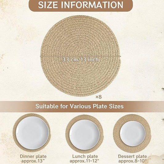 Kochorie Set of 8 Woven Cotton Round Placemats, 13 Inch Boho Table Place Mats for Kitchen and Dining Table, Farmhouse Heat Resistant Washable Trivets, Fall Thanksgiving Christmas Décor (Brown)