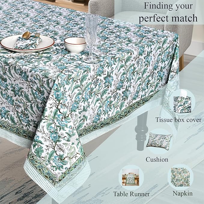 Ridhi Hand Block Print Sage Russian Green Rectangle Cotton Tablecloth 160" x 72" Reusable Table Cover Decorative Everyday Use for Dining, Farmhouse, Home Gift for Spring, Easter, Valentine