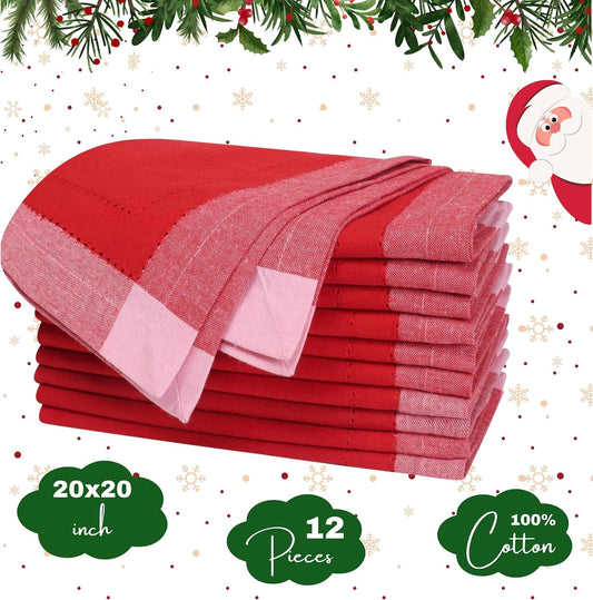 Homidate Christmas Cloth Napkins Set of 12 – 20x20 Red Cotton with Double Hemstitch – Soft, Durable & Washable Table Napkins for Farmhouse Décor, Thanksgiving, Holiday Parties & Everyday Use
