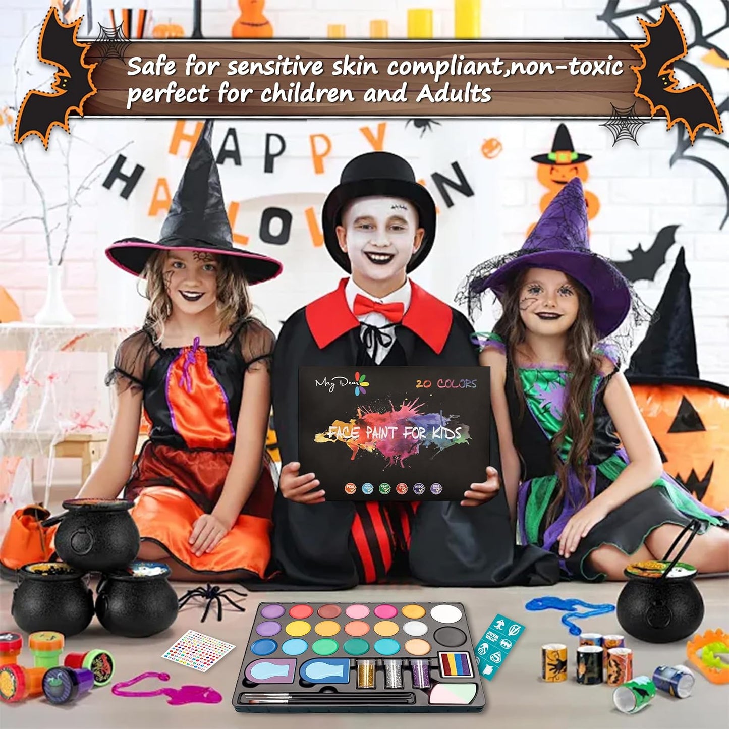 Maydear Face Painting Kit for Kids - 20 Colors Water Based Makeup Palette with Stencils, Glitters, Rainbow Split Cake, Hair Dye Clips, for Parties, Halloween, Safe Professional Body & Face Paint Kit