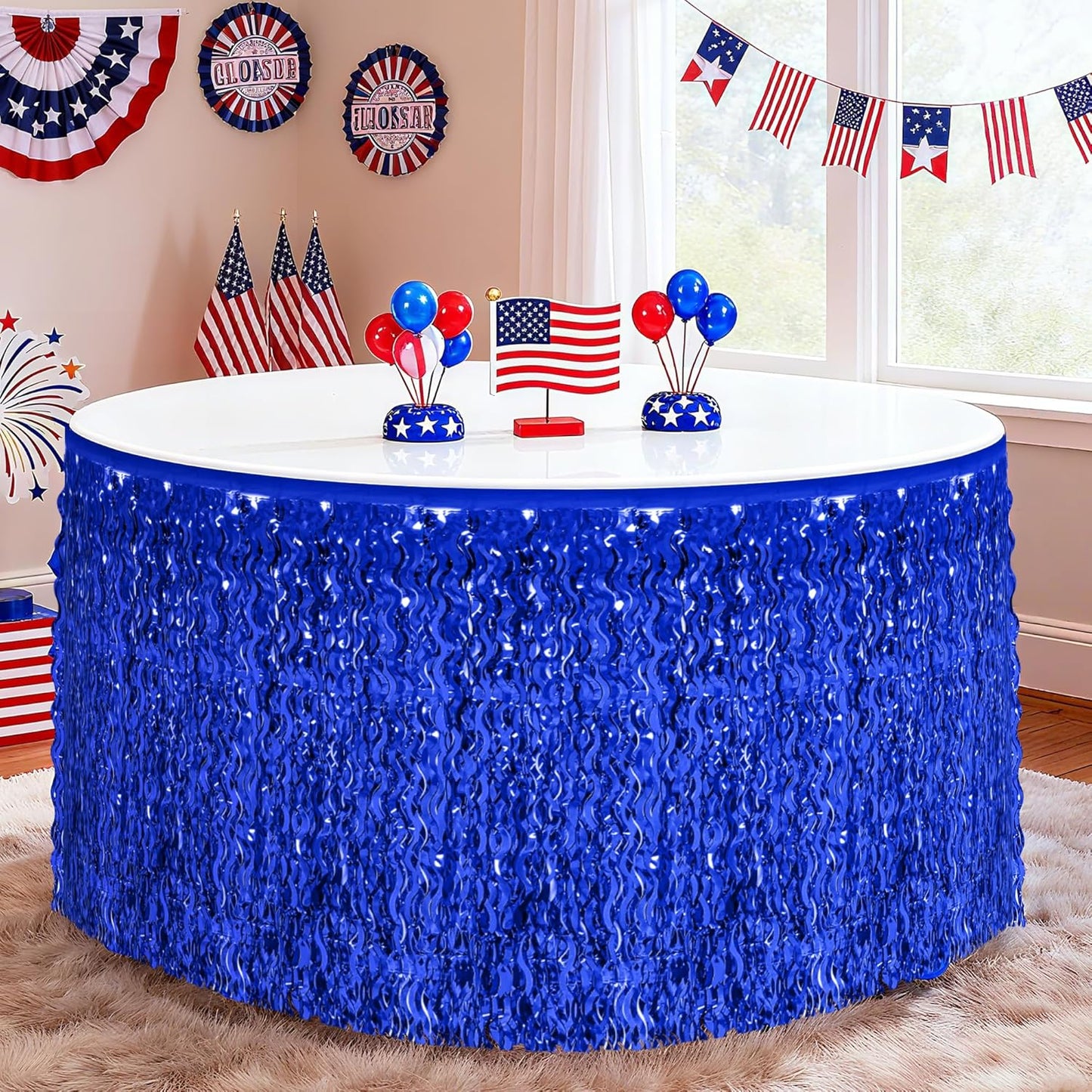 Navy Blue Table Skirt, 2 Pack Blue Foil Grass Table Skirt, Patriotic Metallic Wavy Tinsel Foil Fringe Table Skirts, Table Skirts for Birthday Graduations 4th of July Christmas Parade Party