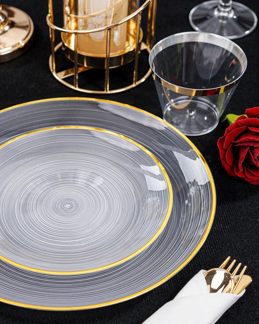 Morejoy 175PCS Clear Gold Plastic Plates - Disposable Gold Party Plates & Pre Rolled Napkins with Cutlery for 25 Guests, 50Plates, 75Silverware, 25Cups, 25Napkin for Party & Thanksgiving