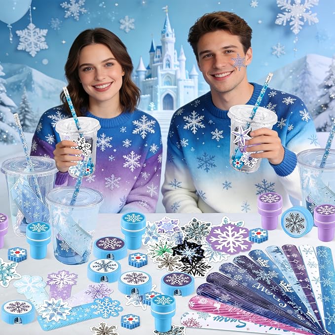24 Set Winter Holiday Stationery Party Favors, Winter Snowflake Party Gifts, Holiday Stationery Gift Cups Filler with Sticker Stamper Ruler for Birthday Stocking Goodie Bags Exchange Gift