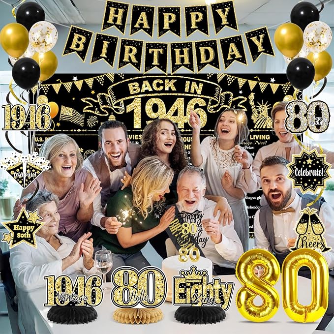 80th Birthday Decorations for Men, Black Gold Back In 1946 Party Supplies Set with Sash, Banner, Backdrop, Balloons, Cake Topper for 80 Year Old Birthday Decorations