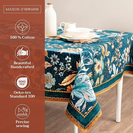 Maison d' Hermine Table Cloth Rectangle Table 100% Cotton 60 x 120 Inches Fall Tablecloth Reusable Everyday Use for Thanksgiving Christmas Decorations Dining Farmhouse Party (Luxury Loft - Dark Teal)
