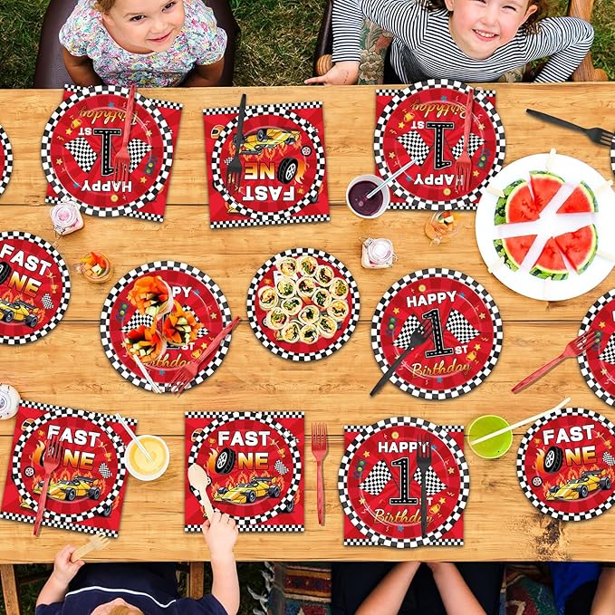 96Pcs Fast One Birthday Party Supplies Racing Car 1st Birthday Paper Plates Napkins Race Cars Party Decorations Baby Show One Year Old Dinnerware Favor Tableware Serves 24