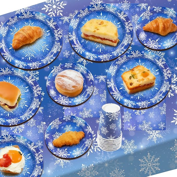 182PCS Winter Snowflake Frozen Birthday Party Supplies,Frozen Plates and Napkins Sets,for Christmas Winter Wonderland Party Supplies Table Decor, Serves 30