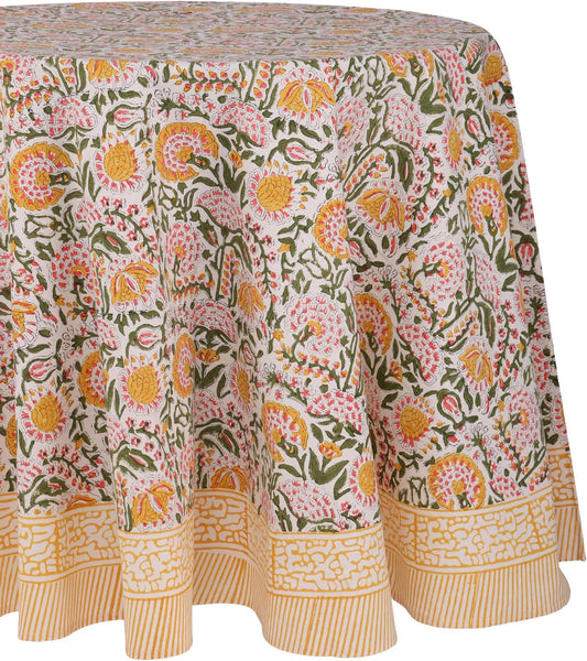 ATOSII Clover Yellow 100% Cotton Round Tablecloth, Handblock Print Floral Table Cloth for Kitchen Dining Linen I Parties, Weddings, Outdoors, Christmas, Thanksgiving I Fall Home Decor 72" Inches Round