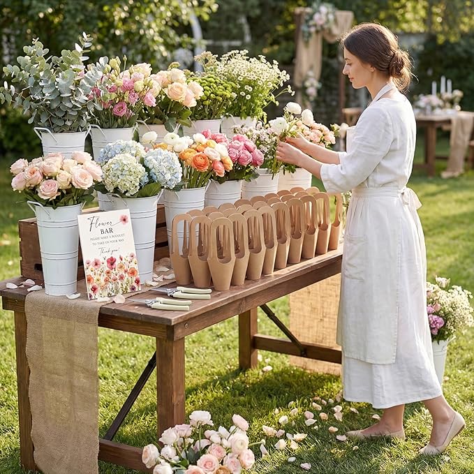 LEIFIDE 45 Pcs Flower Bar Buckets Set Kit Bloom Bar Supplies Include Wood Sign Gift Bags Iron Bucket Garden Flower Shears for Valentine Days Wedding Bridal Shower Table Centerpieces (White)