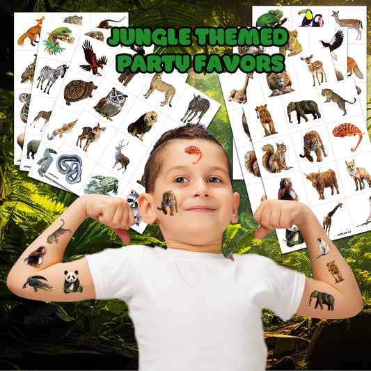 96 PCS Realistic Wildlife Jungle Animal Pre-Cut Temporary Tattoos Sticker Reptile Birthday Party Decorations Supplies Favors Gifts Boys Girls Zoo Cute Fake Tattoo School Reward Themed (Normal)