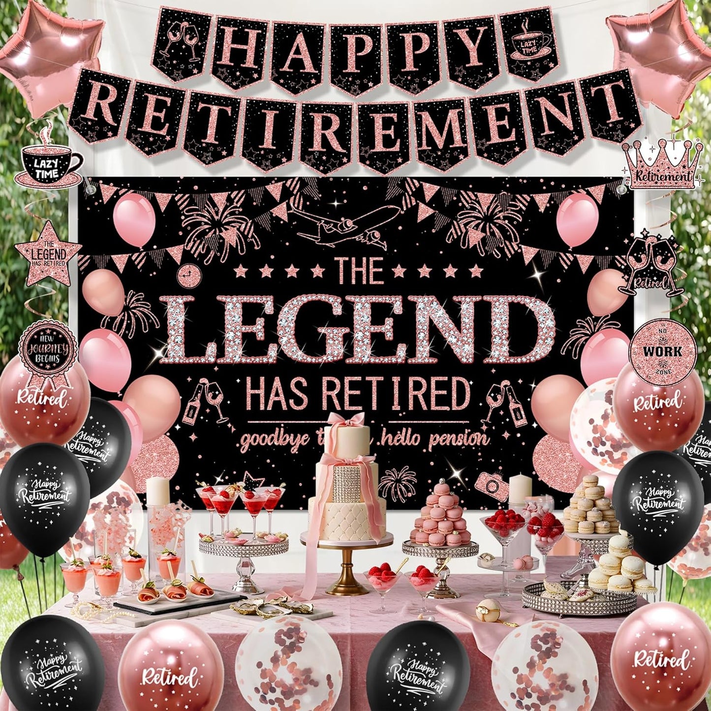 Roetyce Retirement Party Decorations Women, Black and Pink Happy Retirement Banner Backdrop Balloon Hanging Swirls for Coworker, Rose Gold Lengend Has Retired Sash & Crown, Office Retired Background