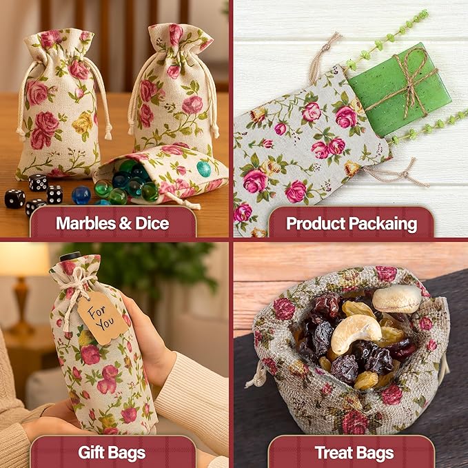 Mandala Crafts 10X14 Inch Rose Burlap Drawstring Gift Bags for Favors - 20 Large Floral Linen Sacks Gift Pouches for Candy, Coffee, Jewelry, Wedding, and Party Supplies